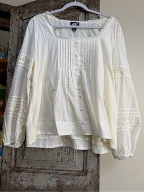 Lands' End Ivory Button-Front Peasant Blouse